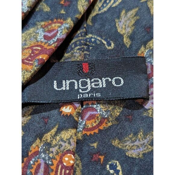 Ungaro Paris Men's Dark Gray Silk Cornucopia Print Necktie - Picture 2 of 5